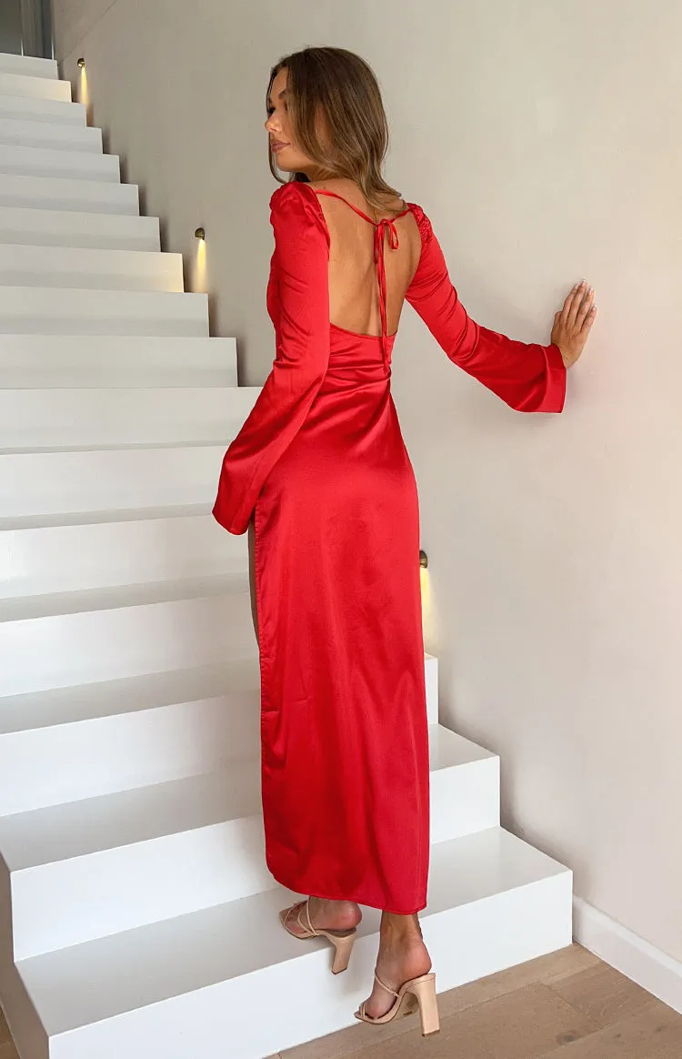 Airlea Red Satin Asymmetric Maxi Dress