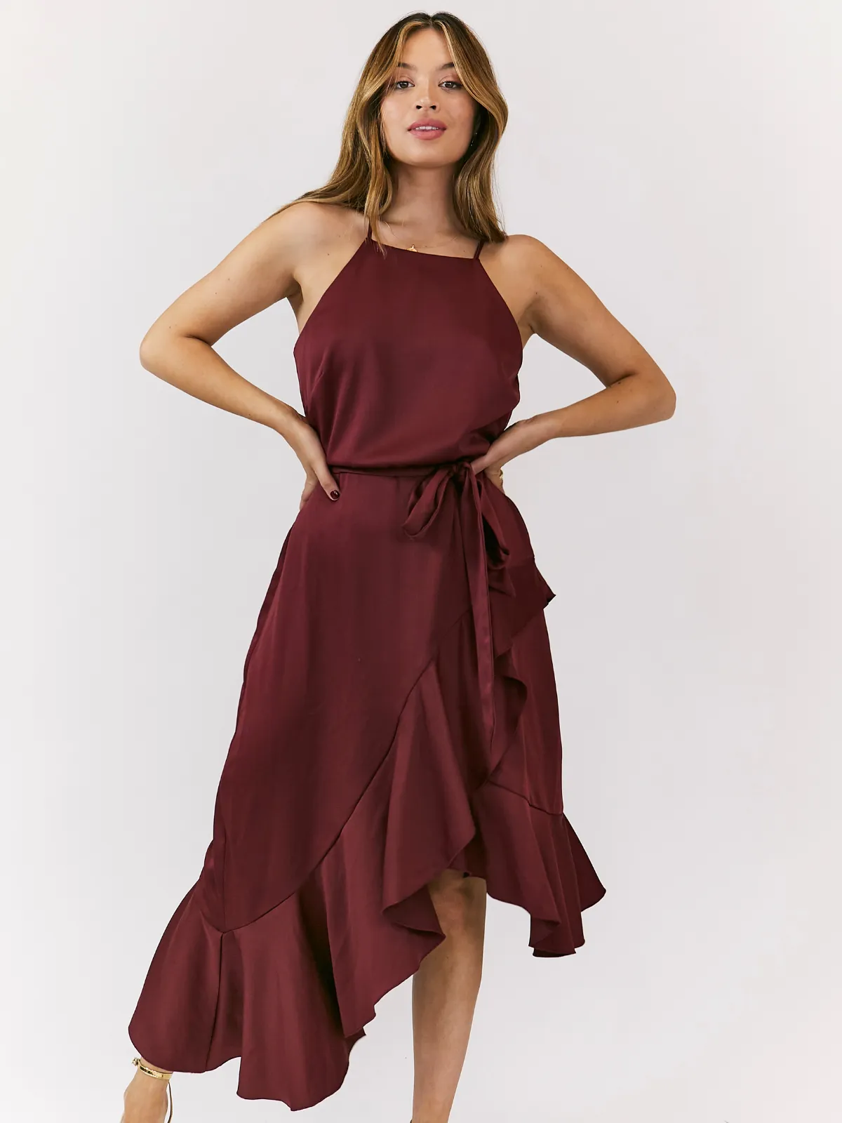 Ariana Halter Frill Dress / Mulberry Red