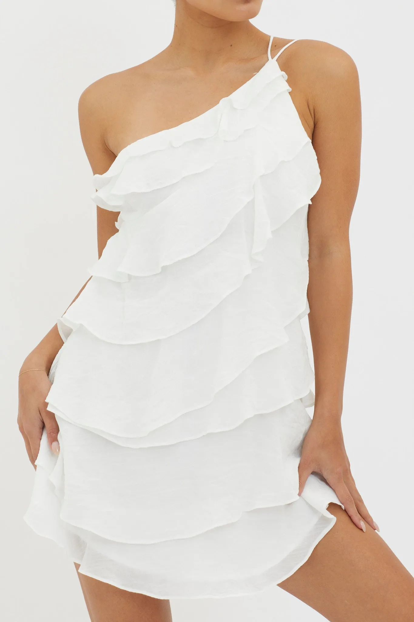 Arrabel Tiered Ruffle Mini Dress White