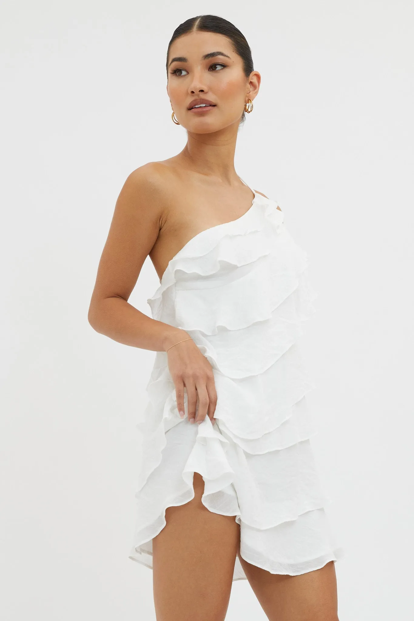 Arrabel Tiered Ruffle Mini Dress White