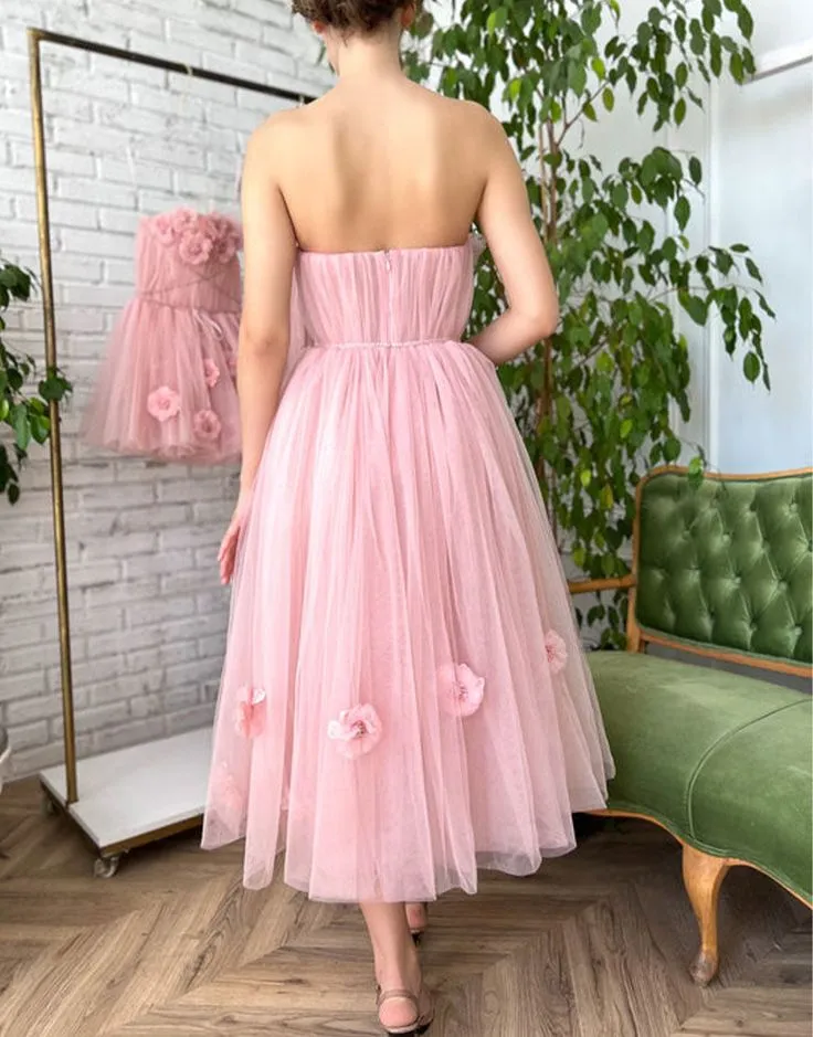 Beautiful Pink Princess Strapless Prom Dress with Flowers SH713