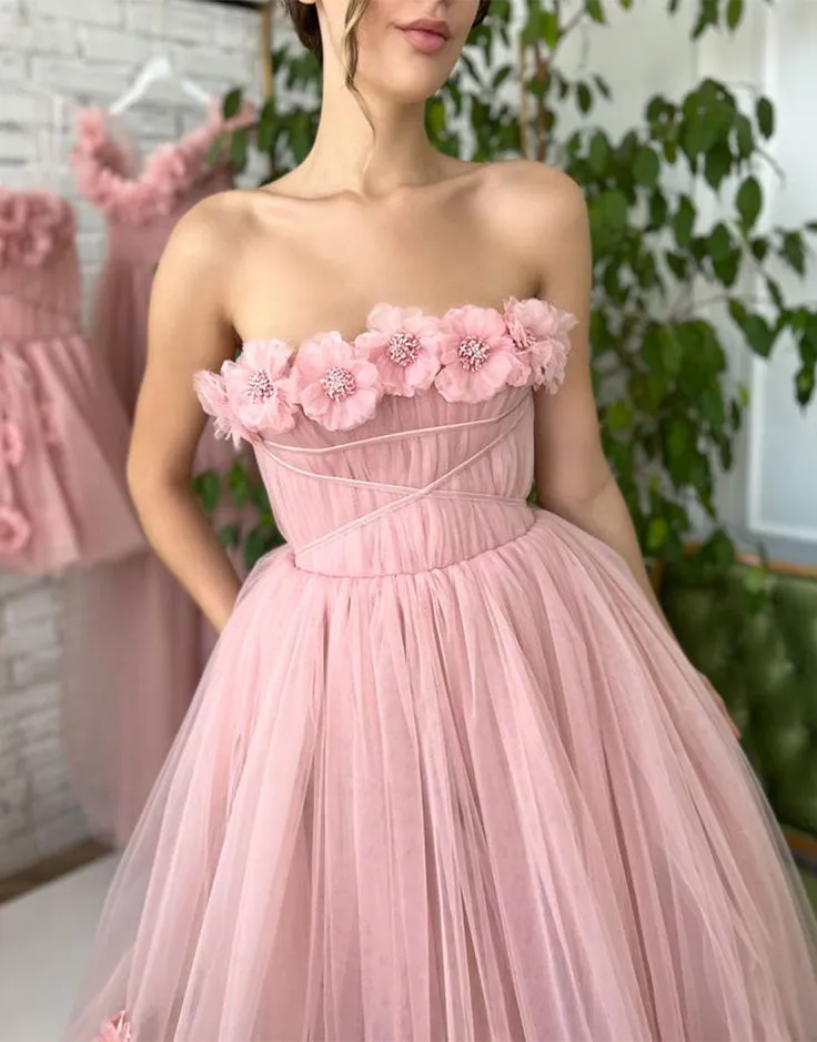 Beautiful Pink Princess Strapless Prom Dress with Flowers SH713