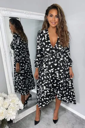 Black and White Printed Wrap Midi Dress