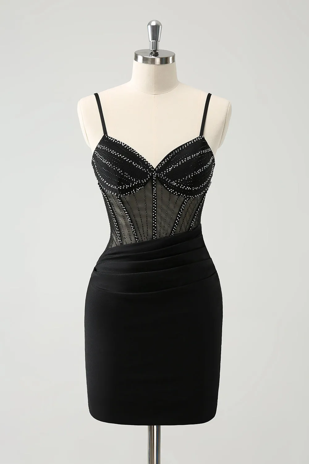 Black Bodycon Spaghetti Straps Corset Short Homecoming Dress with Beading