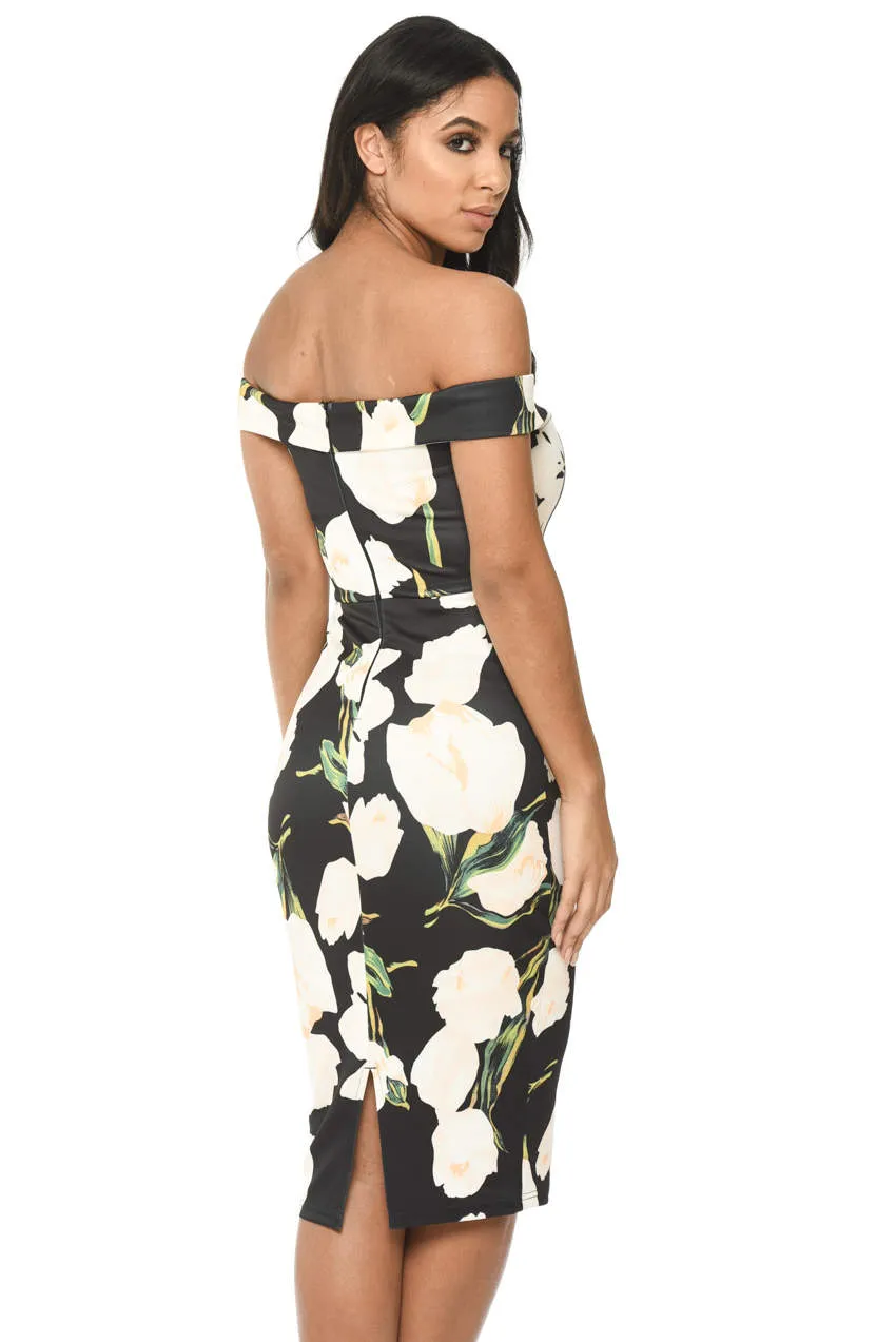 Black Floral Print Bardot Dress