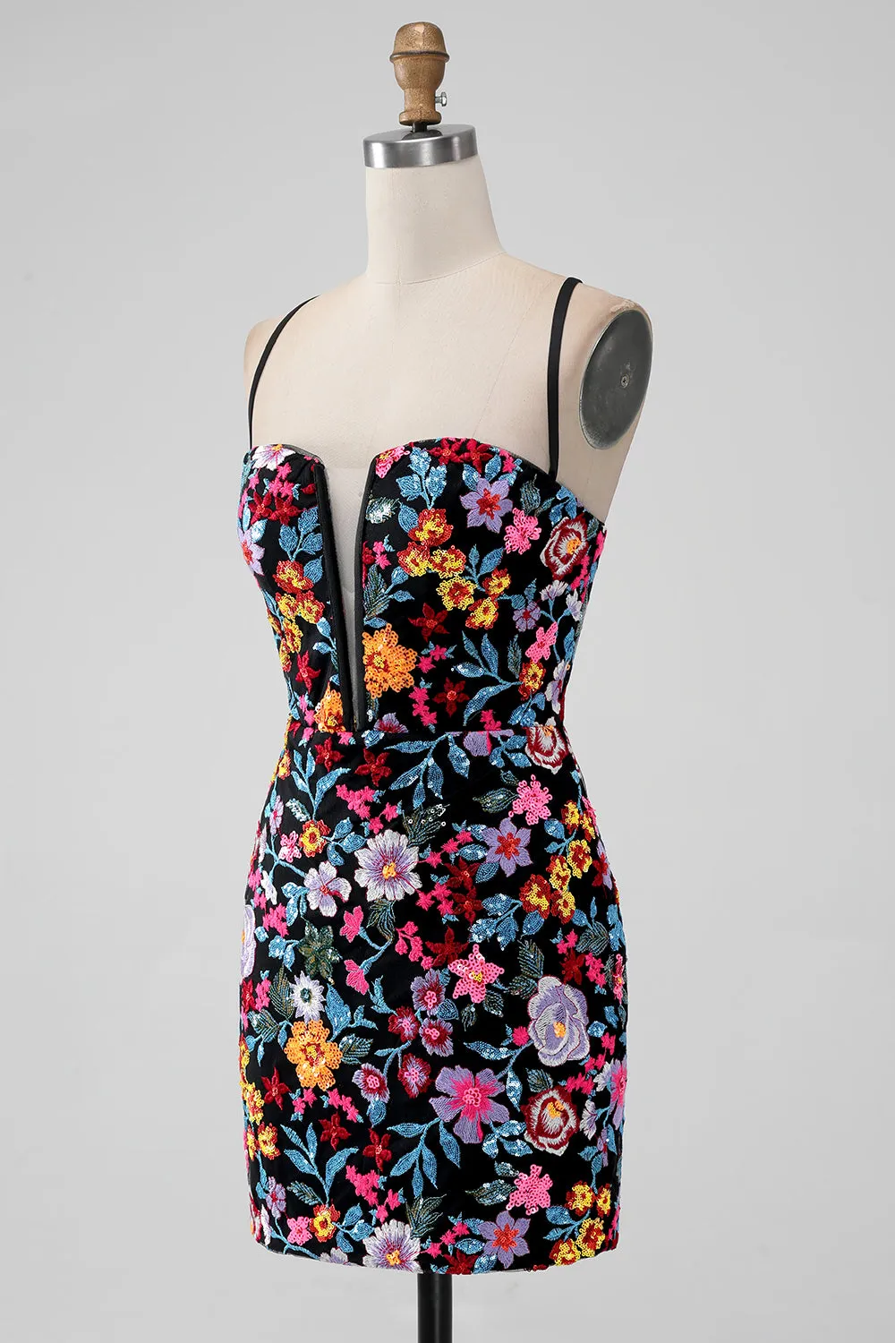 Black Flower Bodycon V Neck Spaghetti Straps Short Homecoming Dress