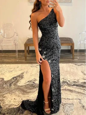 Black Mermaid Sequin Sparkly One Shoulder Women Long Prom Dresses, Evening Dress PD387