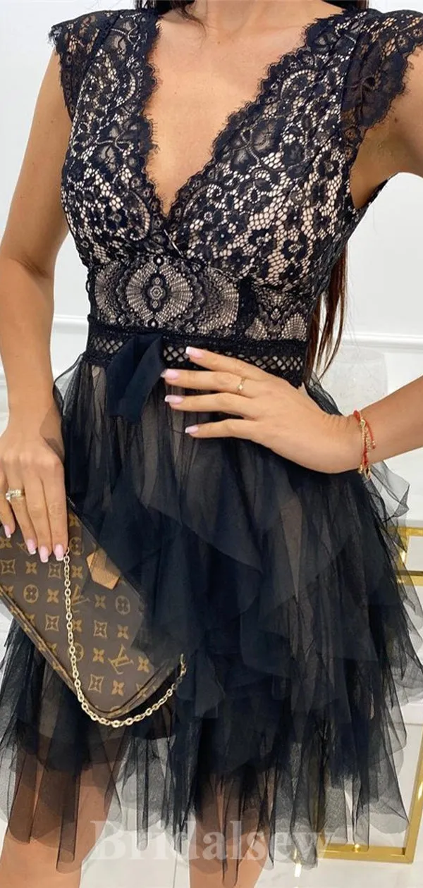 Black V-Neck Lace Lovely Short Prom Dresses, A-line Fairy Princess Homecoming Dresses, HD022