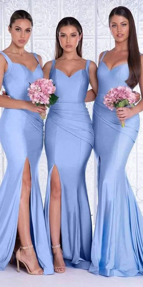 Blue Mermaid Satin Sleeveless Elegant Formal Long Bridesmaid Dresses with Split BD118