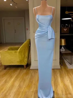 Blue Mermaid Simple Unique Straps Long Prom Dresses PD151