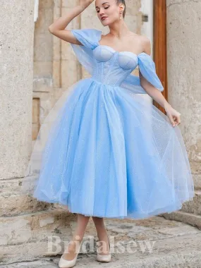 Blue Sparkly Sequin Short Prom Dresses, A-line Off Shoulder Fairy Princess Homecoming Dresses, HD021