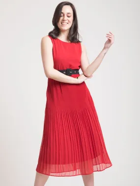 Boat Neck Pleated A Line Dress - Red