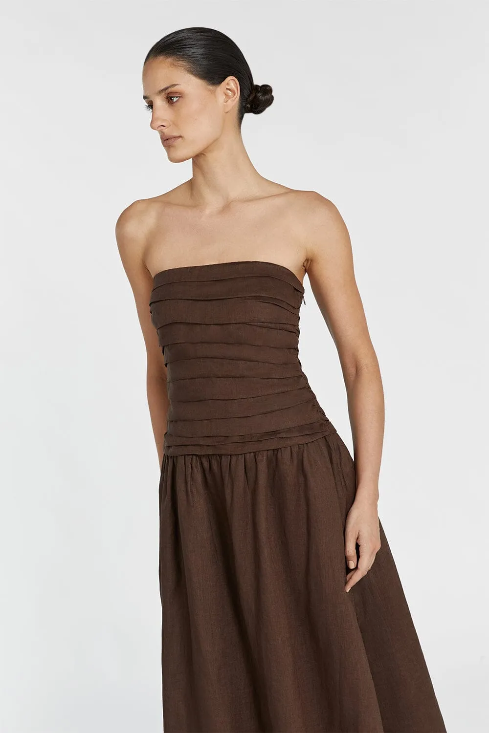 CATANIA BITTER CHOC LINEN STRAPLESS DRESS