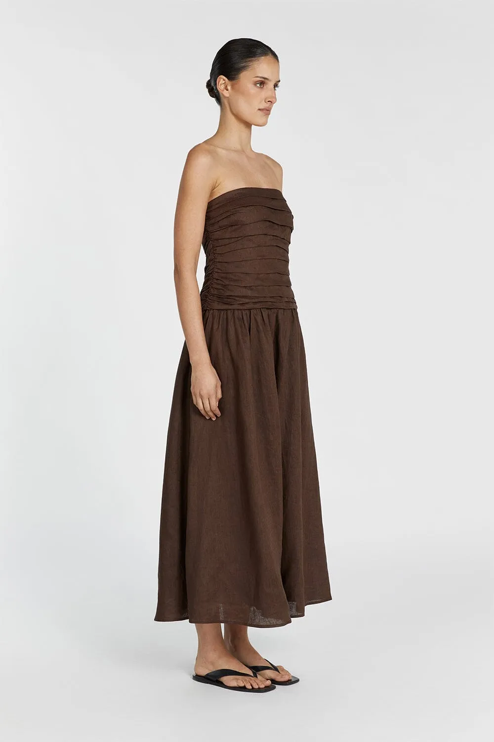 CATANIA BITTER CHOC LINEN STRAPLESS DRESS