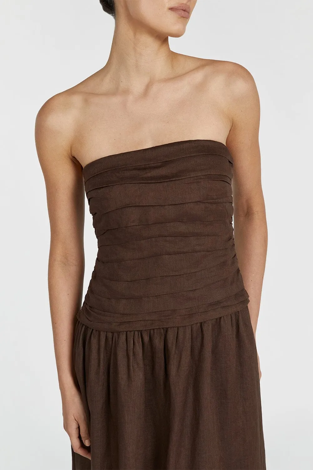 CATANIA BITTER CHOC LINEN STRAPLESS DRESS