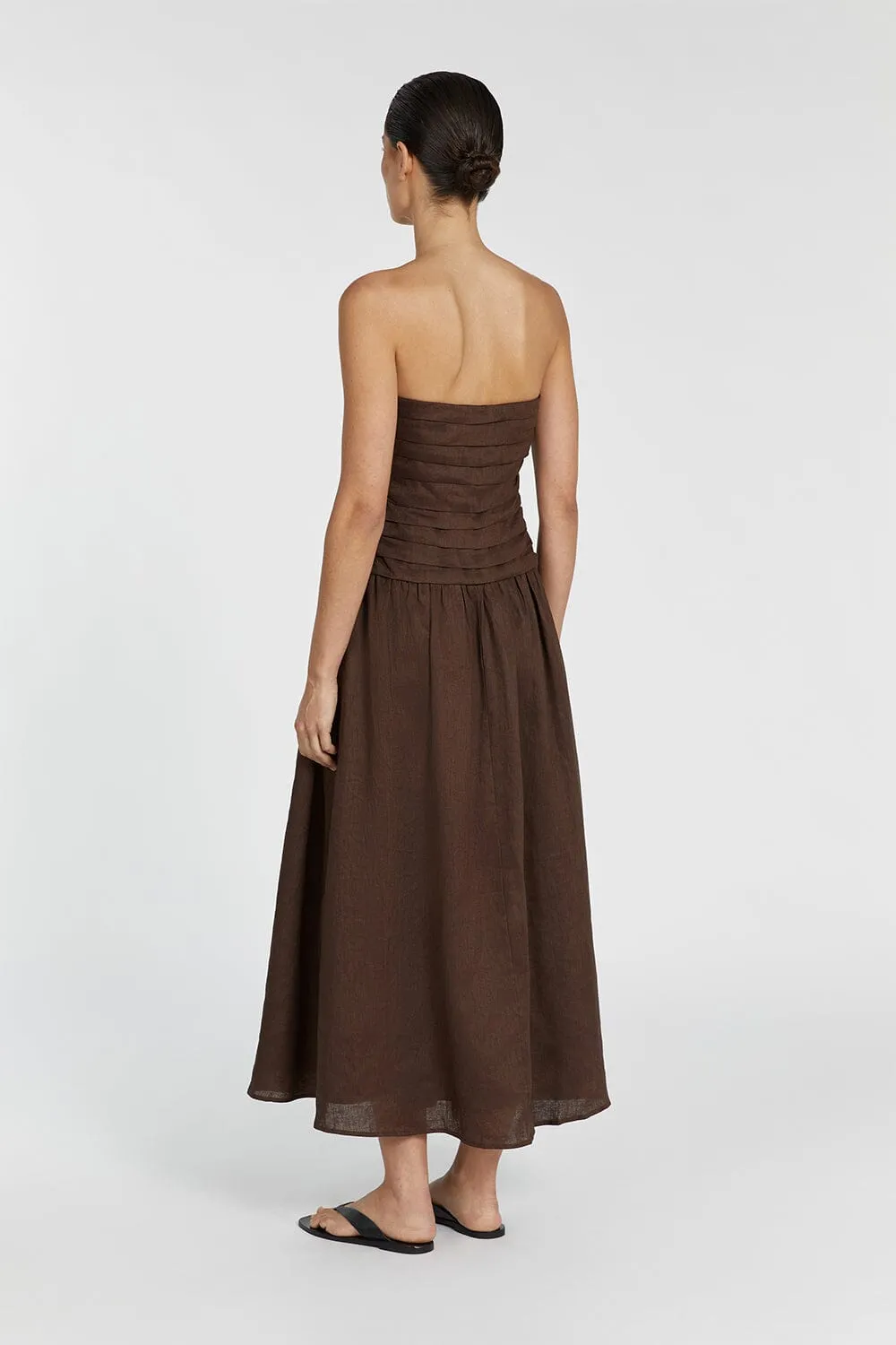 CATANIA BITTER CHOC LINEN STRAPLESS DRESS