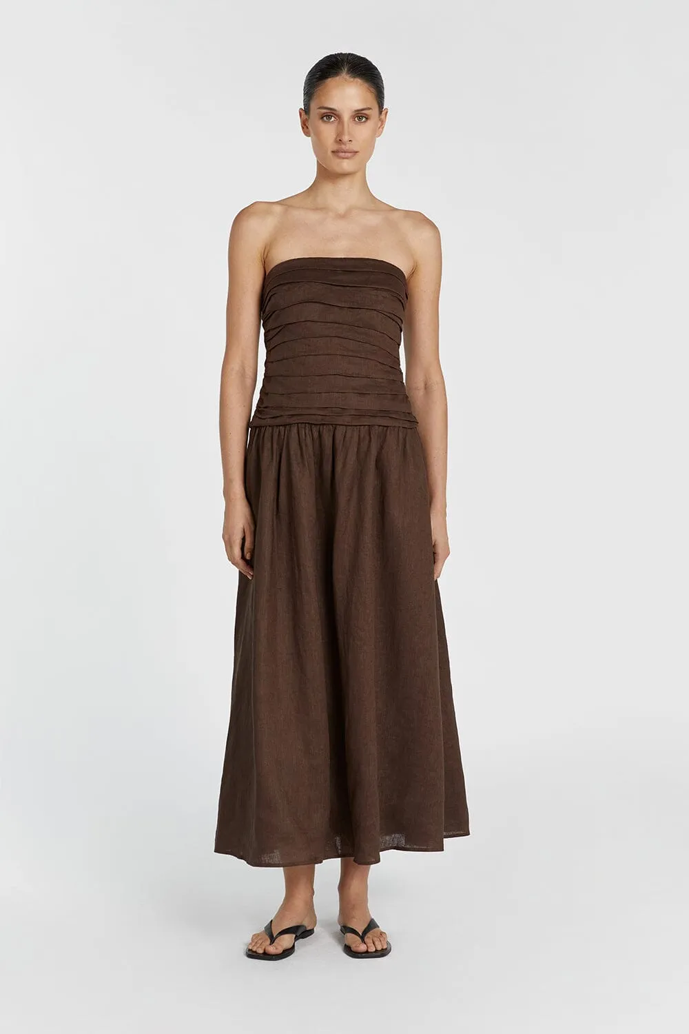 CATANIA BITTER CHOC LINEN STRAPLESS DRESS