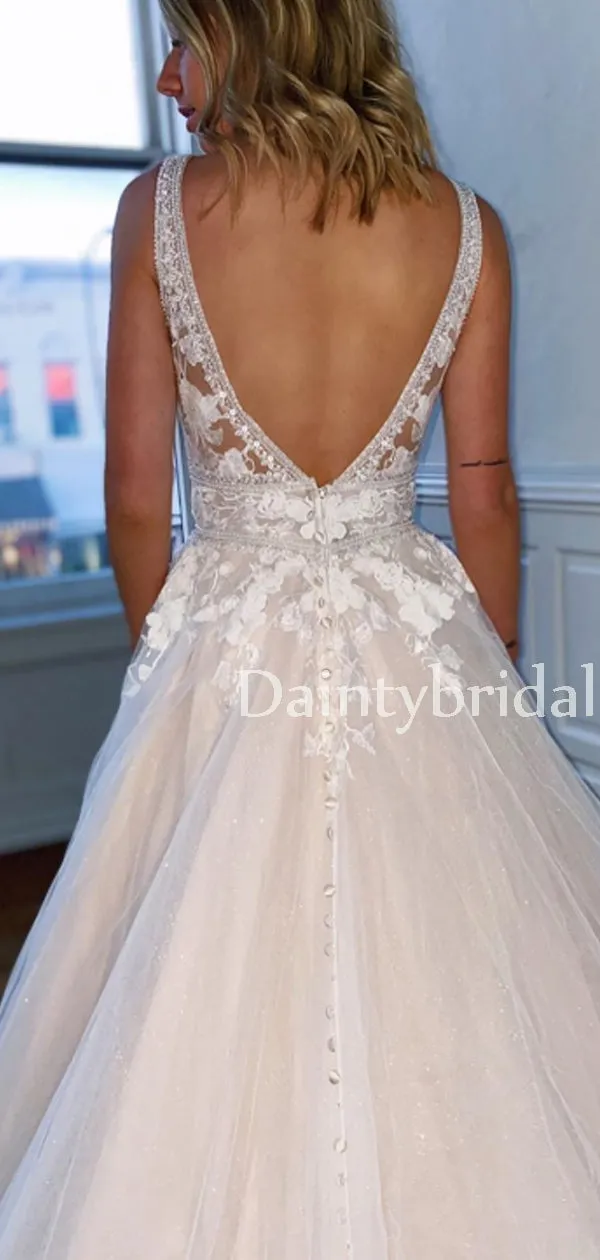 Charming V-eck Tulle V-back With Appliques A-line Long Wedding Dresses.DB10643