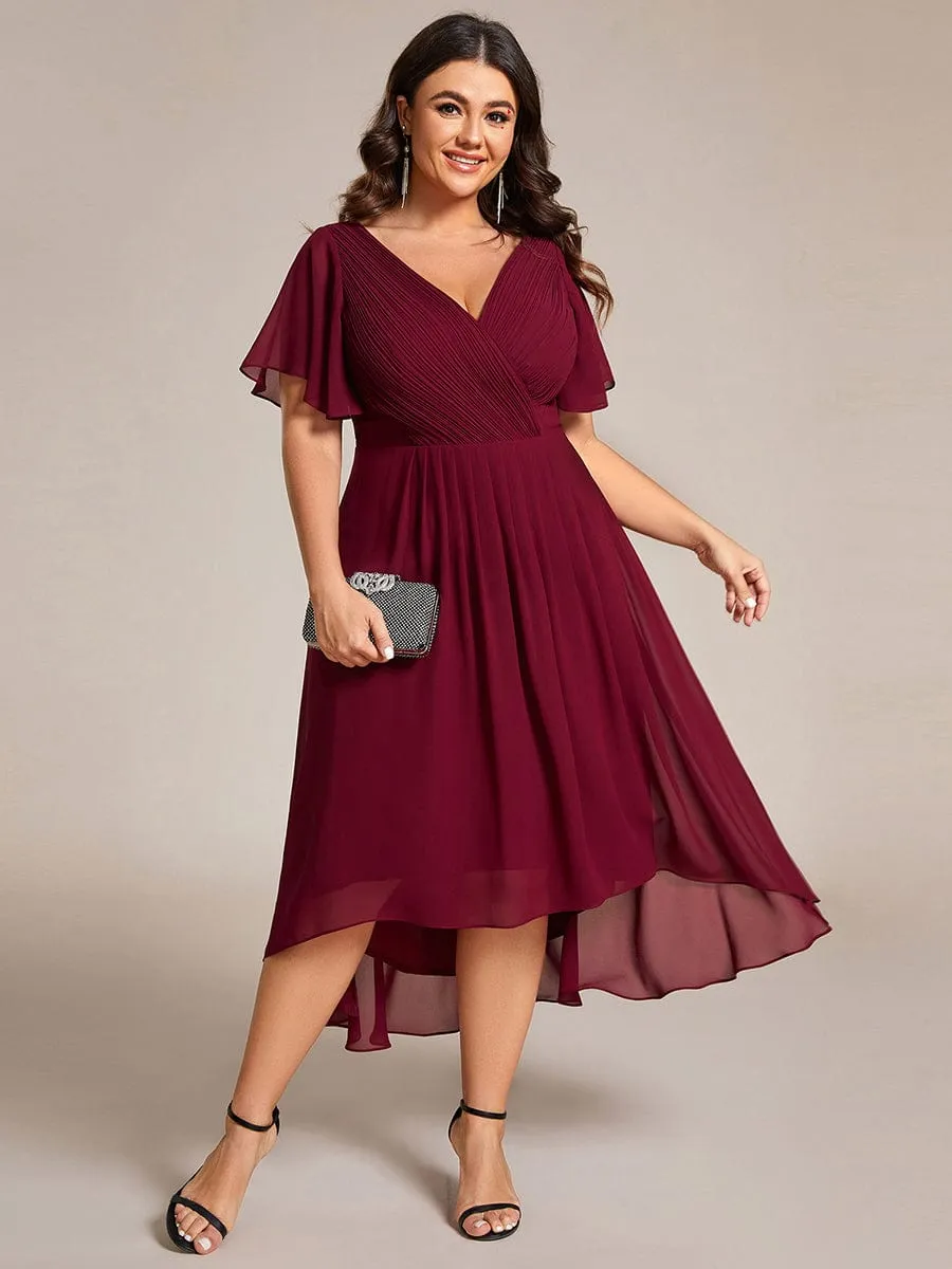 Chic V Neck Asymmetrical Hem Ruffles Sleeve Pleated Chiffon Wedding Guest Dress