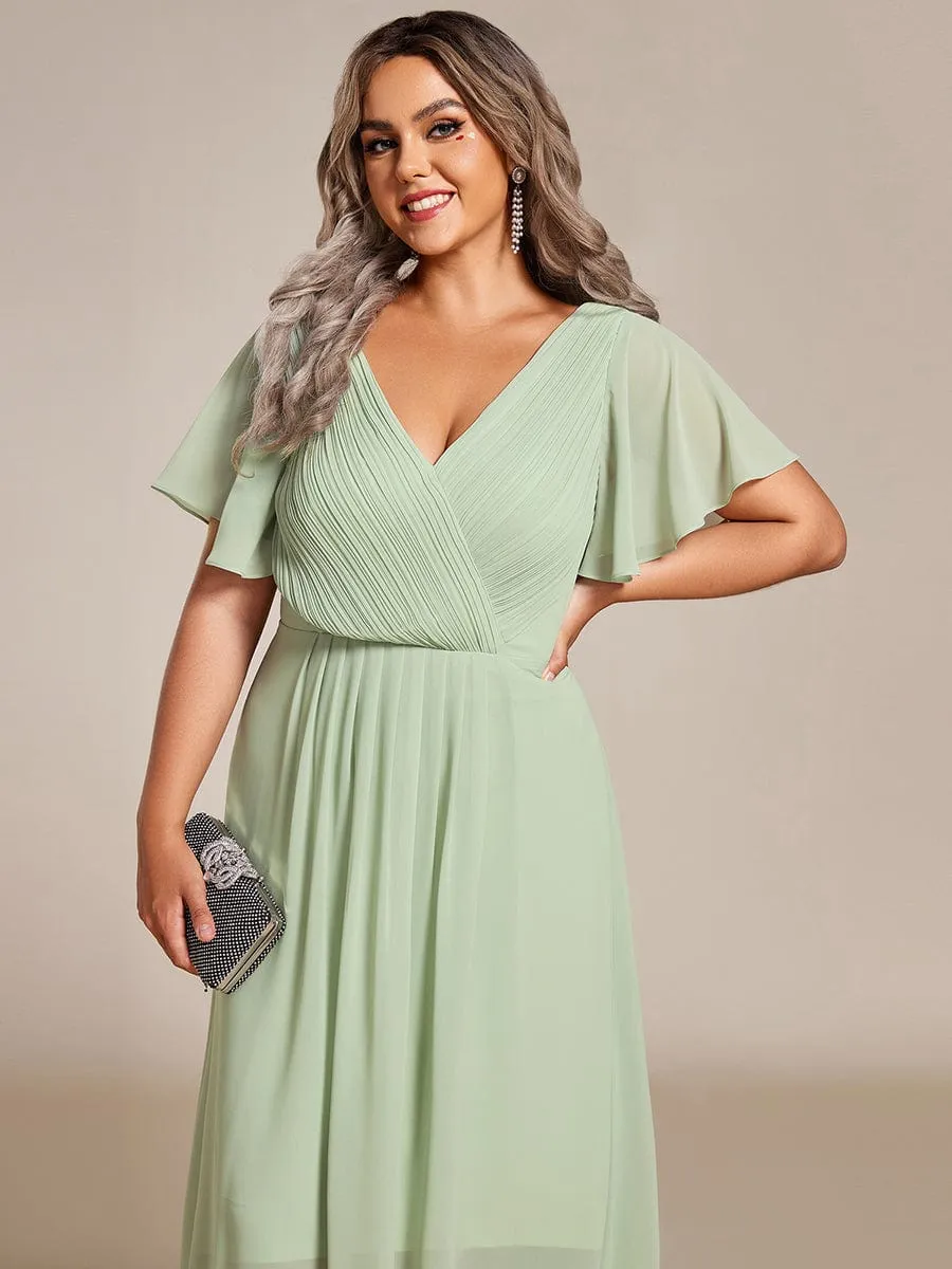 Chic V Neck Asymmetrical Hem Ruffles Sleeve Pleated Chiffon Wedding Guest Dress