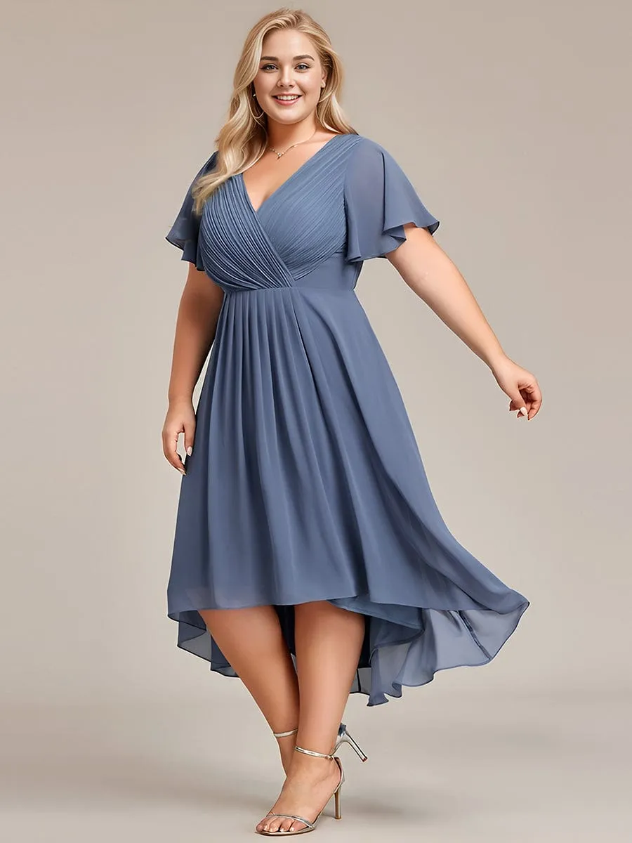 Chic V Neck Asymmetrical Hem Ruffles Sleeve Pleated Chiffon Wedding Guest Dress