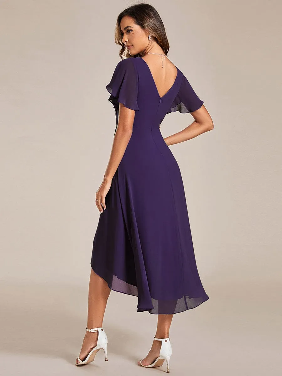 Chic V Neck Asymmetrical Hem Ruffles Sleeve Pleated Chiffon Wedding Guest Dress