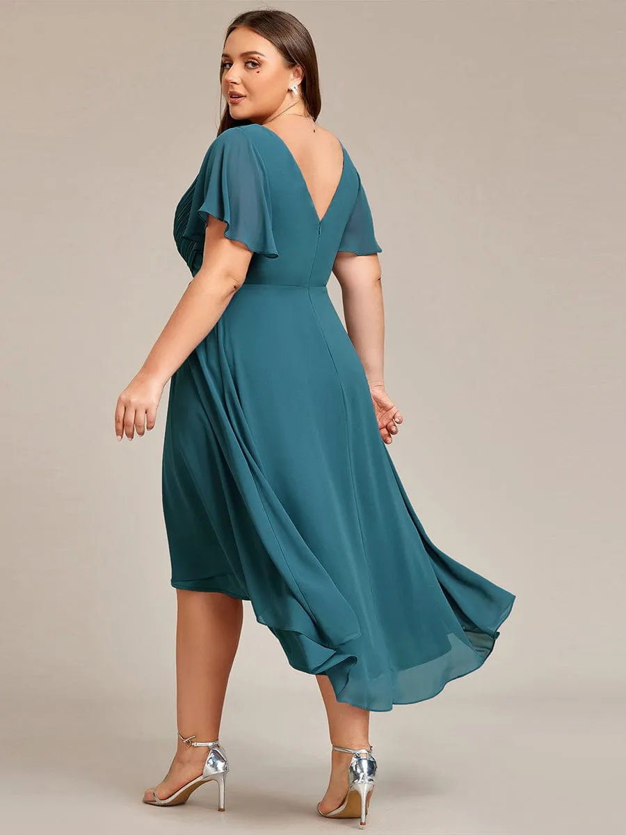 Chic V Neck Asymmetrical Hem Ruffles Sleeve Pleated Chiffon Wedding Guest Dress