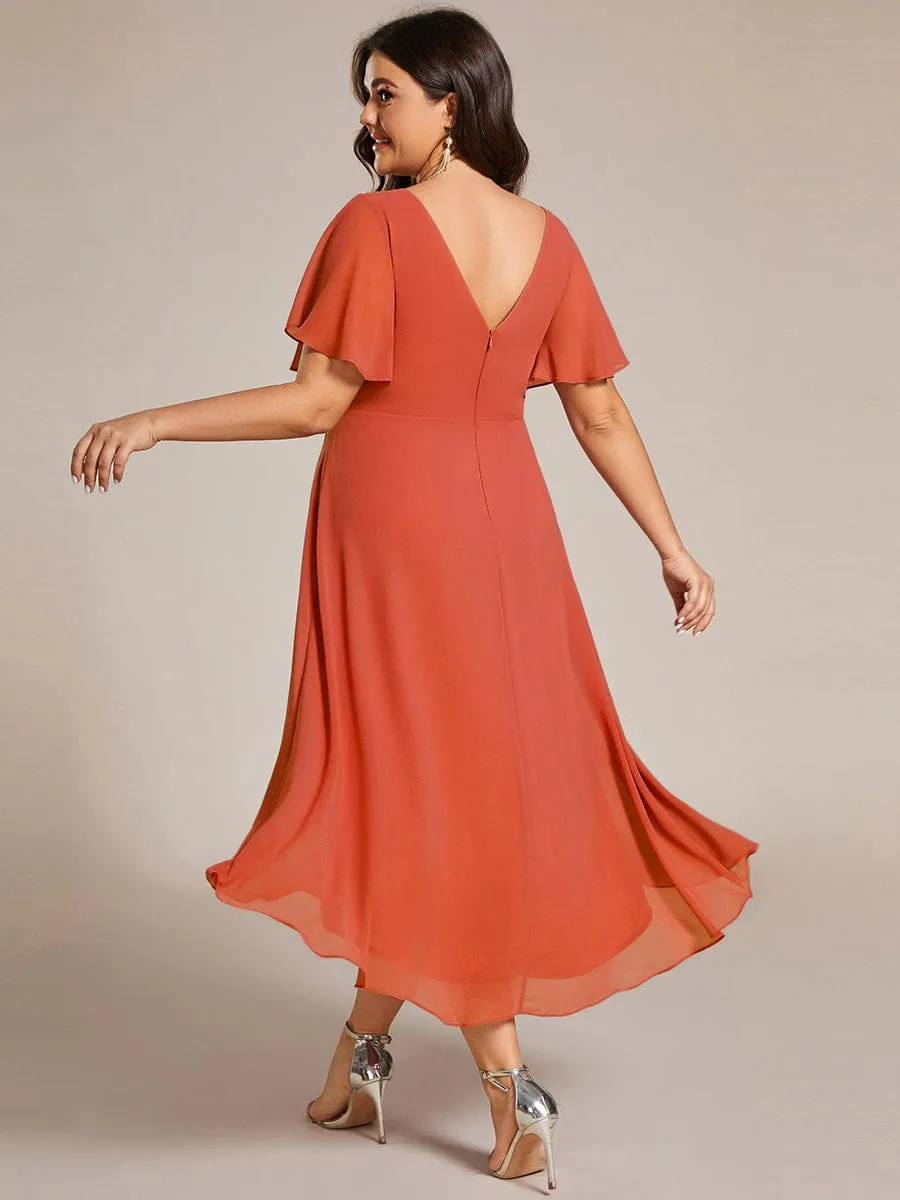 Chic V Neck Asymmetrical Hem Ruffles Sleeve Pleated Chiffon Wedding Guest Dress