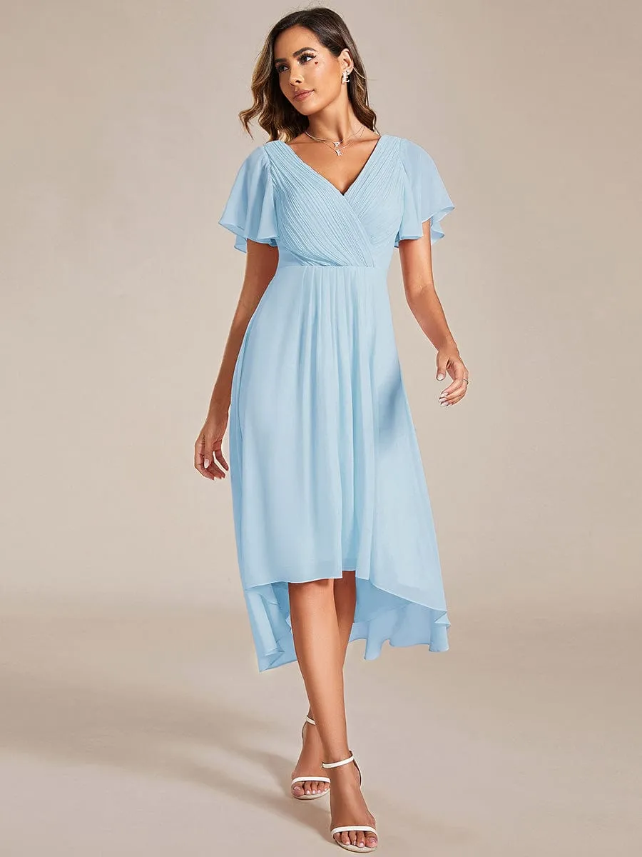 Chic V Neck Asymmetrical Hem Ruffles Sleeve Pleated Chiffon Wedding Guest Dress