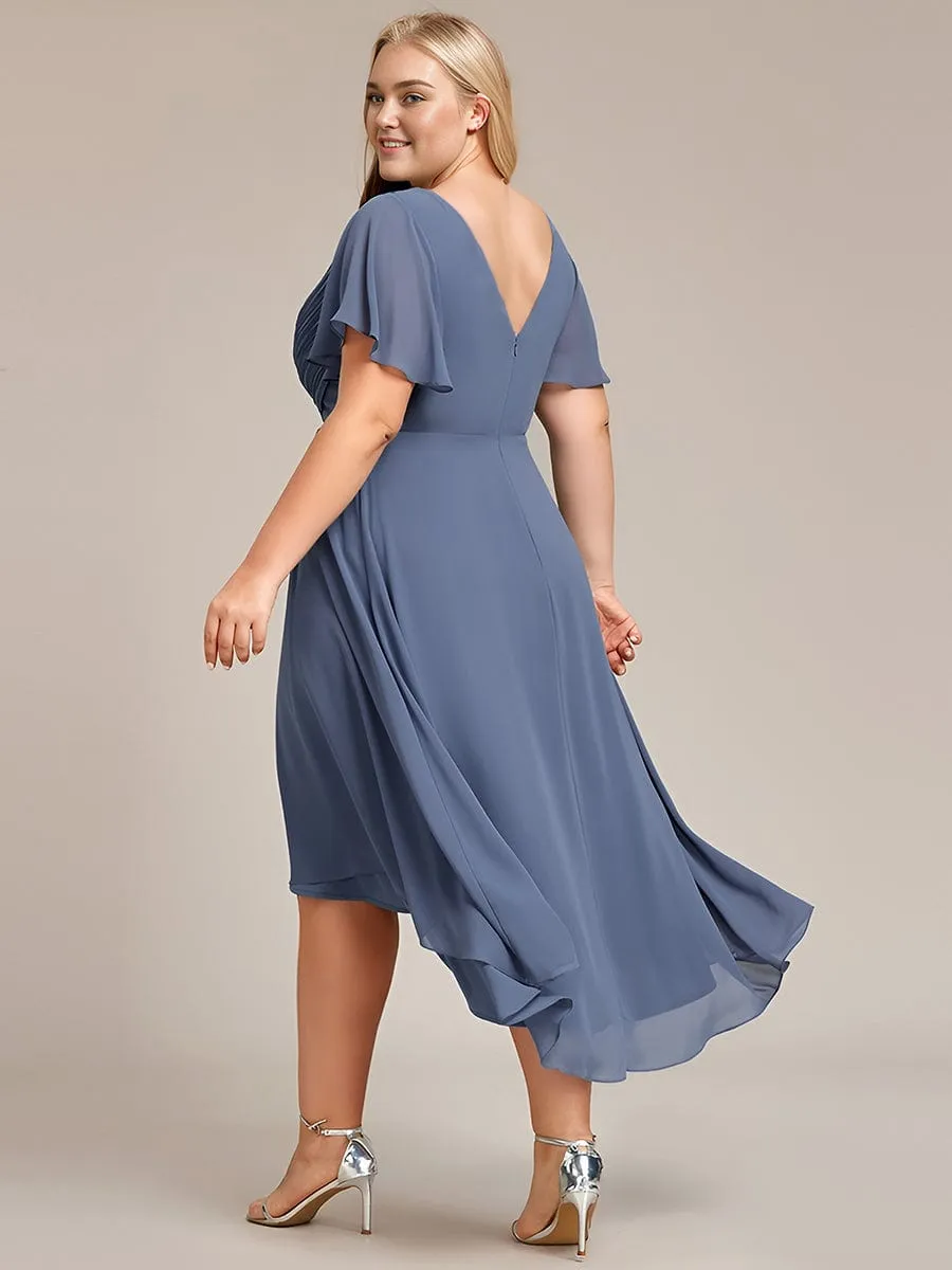 Chic V Neck Asymmetrical Hem Ruffles Sleeve Pleated Chiffon Wedding Guest Dress