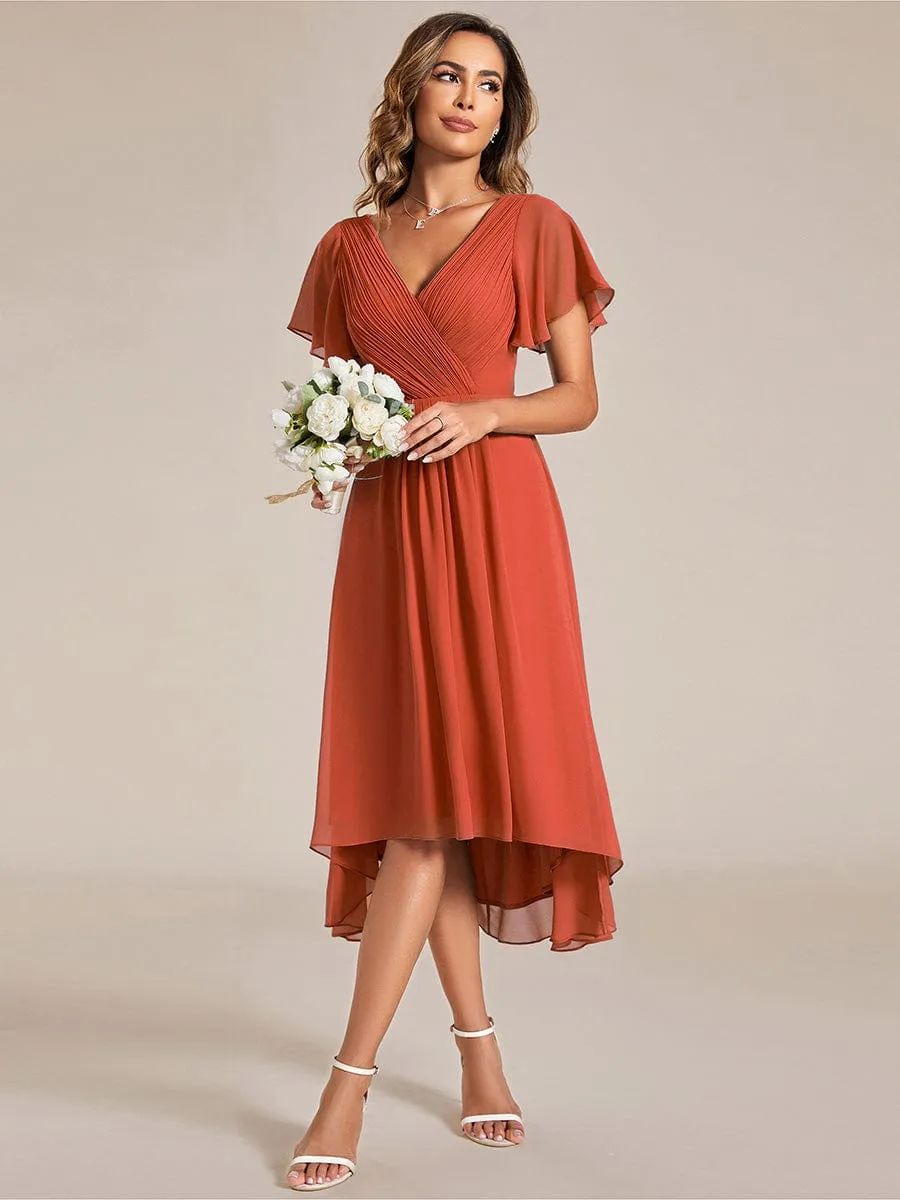 Chic V Neck Asymmetrical Hem Ruffles Sleeve Pleated Chiffon Wedding Guest Dress