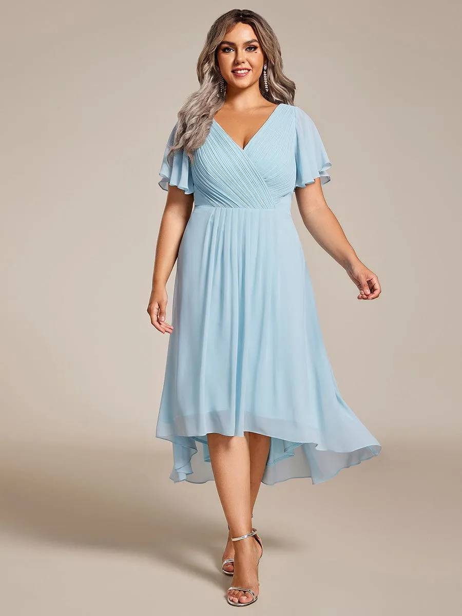 Chic V Neck Asymmetrical Hem Ruffles Sleeve Pleated Chiffon Wedding Guest Dress