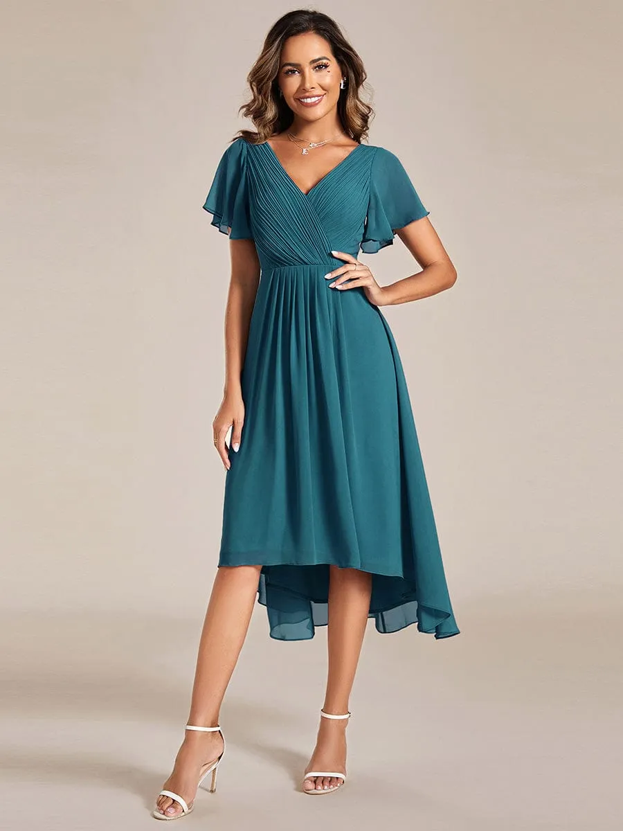 Chic V Neck Asymmetrical Hem Ruffles Sleeve Pleated Chiffon Wedding Guest Dress