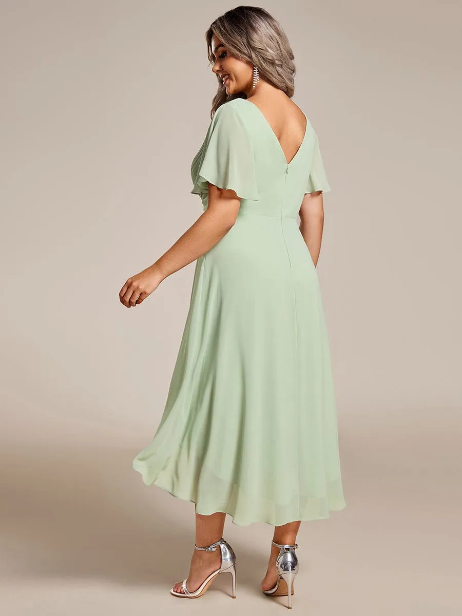 Chic V Neck Asymmetrical Hem Ruffles Sleeve Pleated Chiffon Wedding Guest Dress