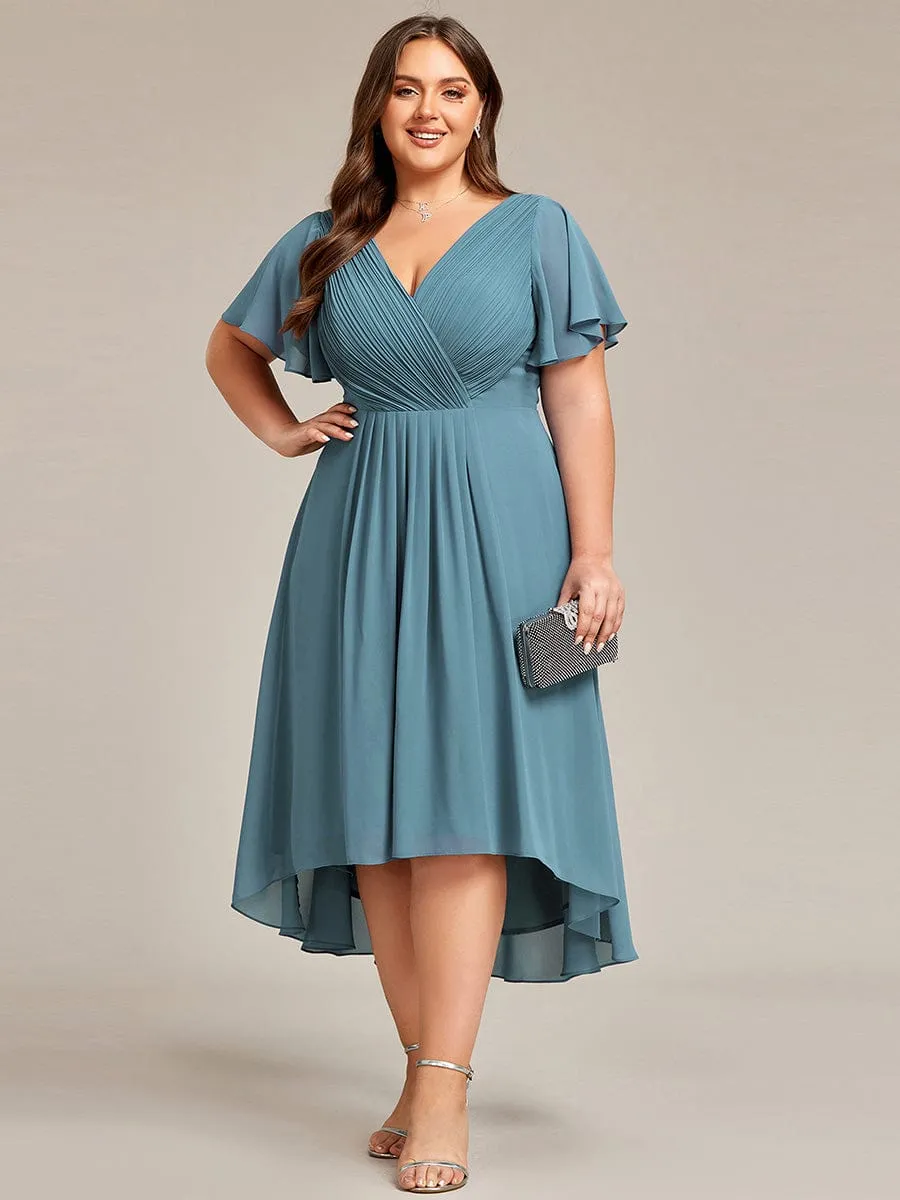 Chic V Neck Asymmetrical Hem Ruffles Sleeve Pleated Chiffon Wedding Guest Dress