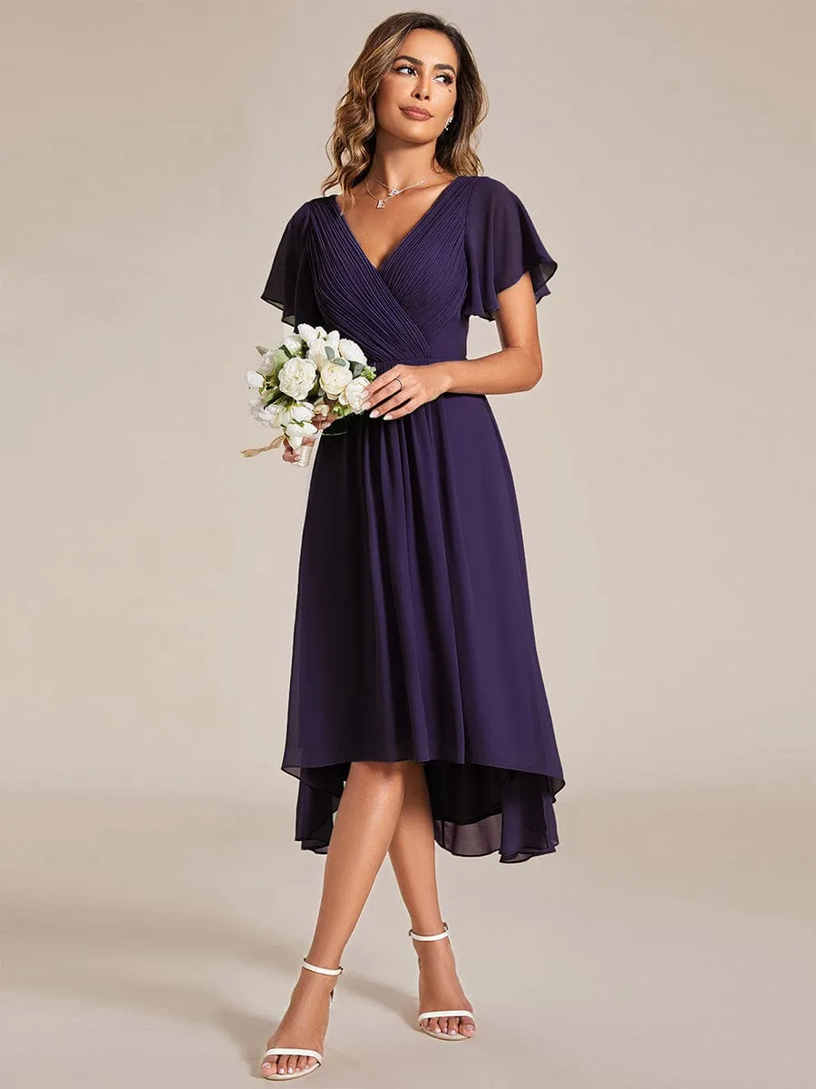 Chic V Neck Asymmetrical Hem Ruffles Sleeve Pleated Chiffon Wedding Guest Dress