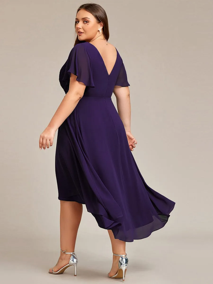 Chic V Neck Asymmetrical Hem Ruffles Sleeve Pleated Chiffon Wedding Guest Dress