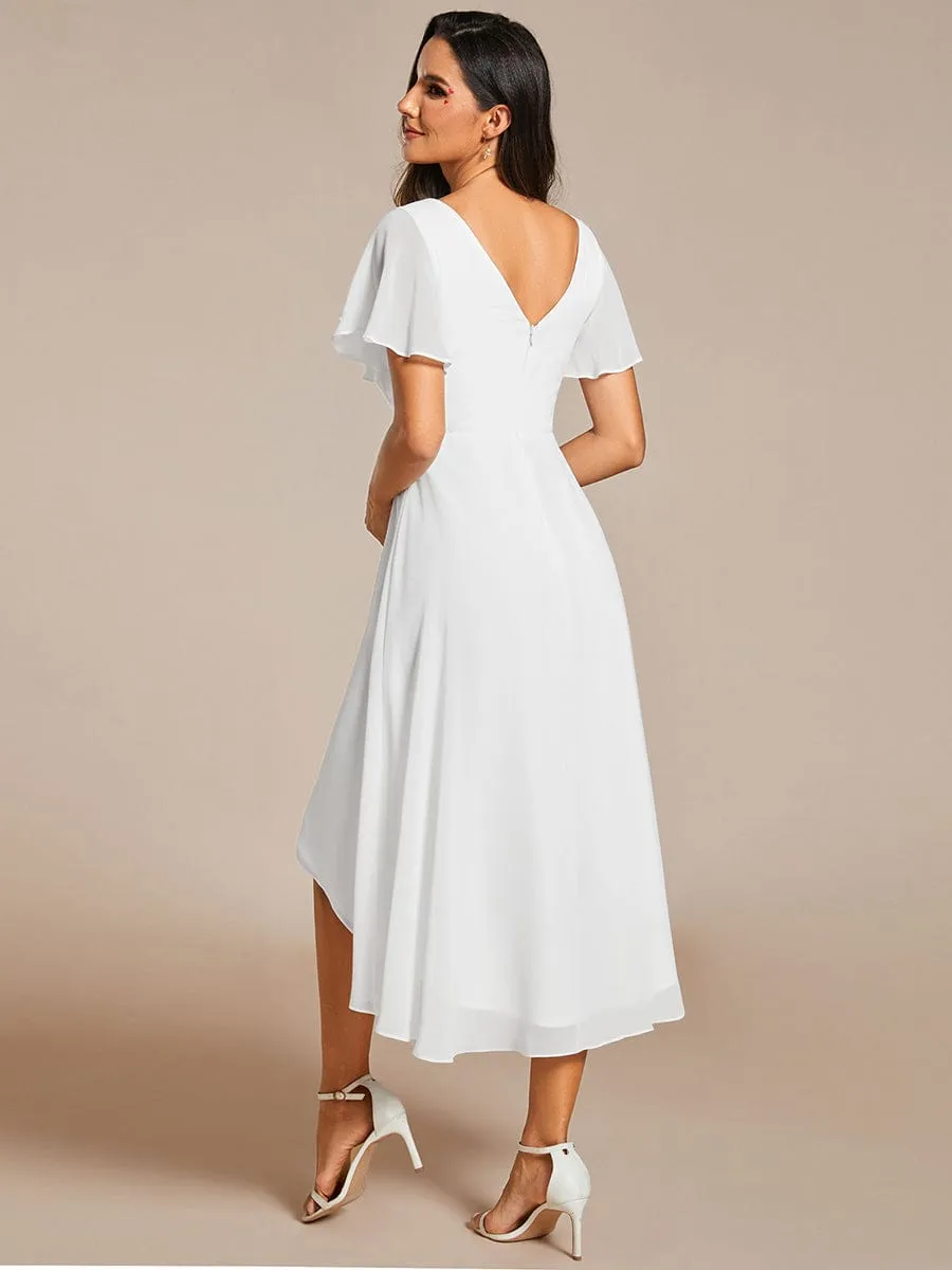 Chic V Neck Asymmetrical Hem Ruffles Sleeve Pleated Chiffon Wedding Guest Dress