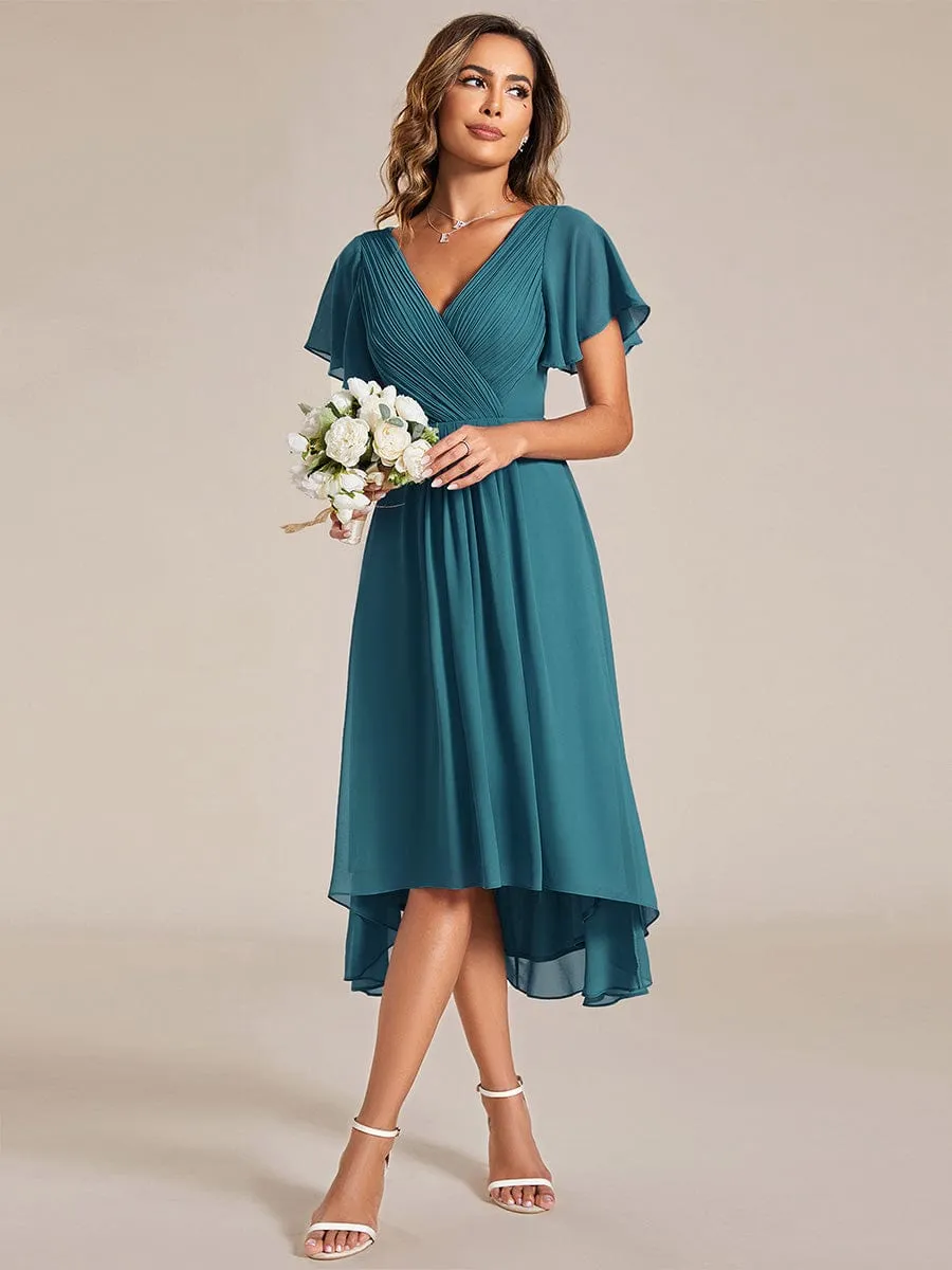 Chic V Neck Asymmetrical Hem Ruffles Sleeve Pleated Chiffon Wedding Guest Dress