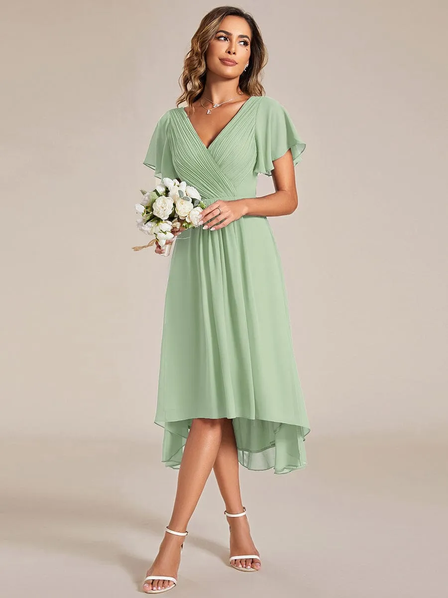 Chic V Neck Asymmetrical Hem Ruffles Sleeve Pleated Chiffon Wedding Guest Dress