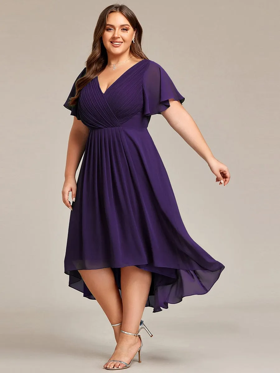 Chic V Neck Asymmetrical Hem Ruffles Sleeve Pleated Chiffon Wedding Guest Dress