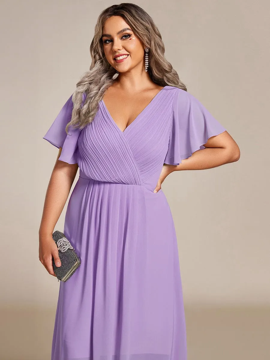 Chic V Neck Asymmetrical Hem Ruffles Sleeve Pleated Chiffon Wedding Guest Dress