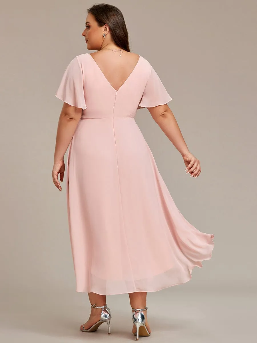 Chic V Neck Asymmetrical Hem Ruffles Sleeve Pleated Chiffon Wedding Guest Dress