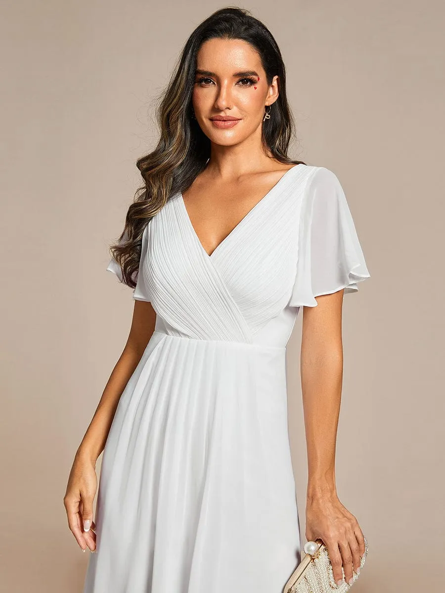 Chic V Neck Asymmetrical Hem Ruffles Sleeve Pleated Chiffon Wedding Guest Dress