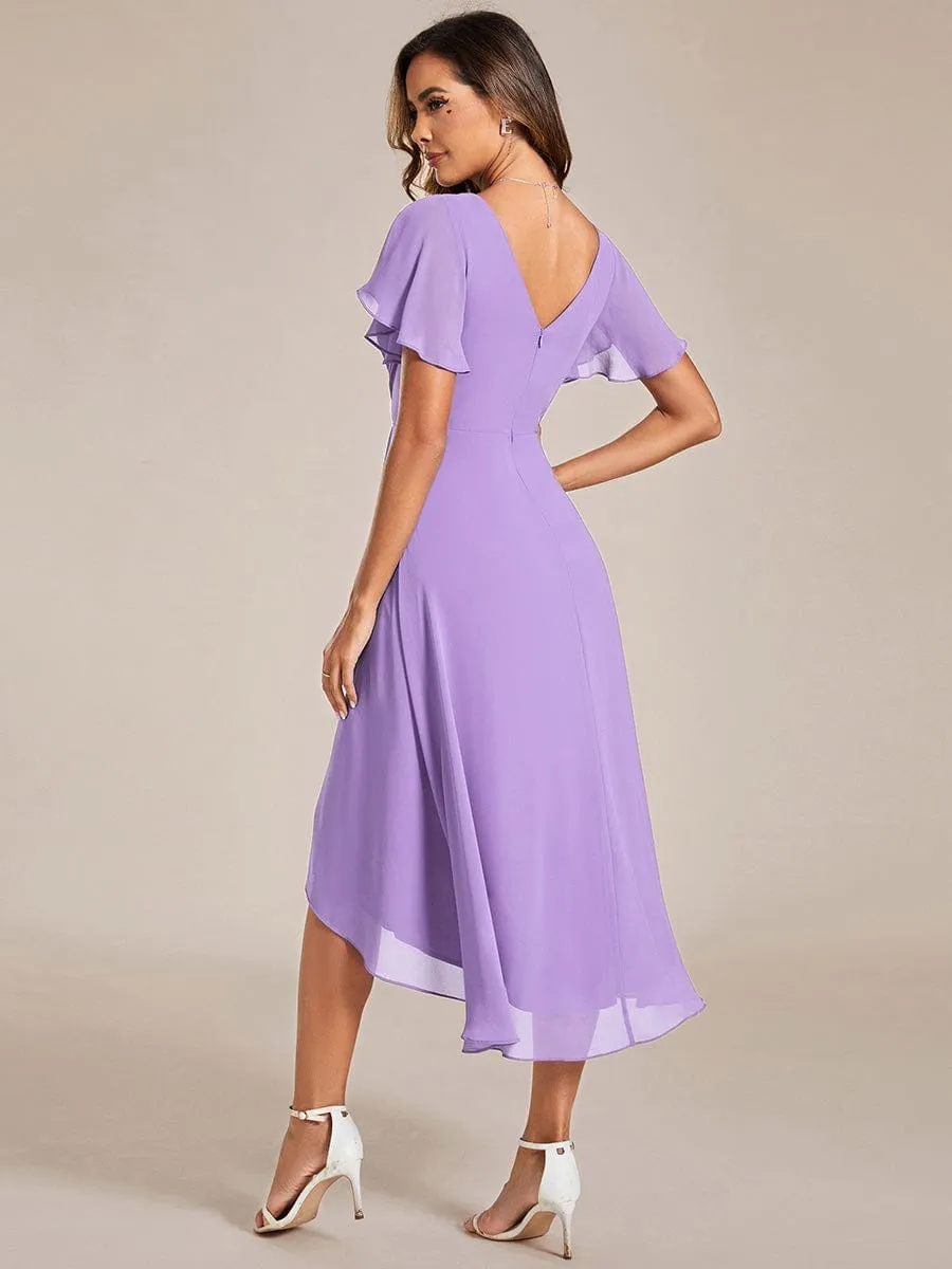 Chic V Neck Asymmetrical Hem Ruffles Sleeve Pleated Chiffon Wedding Guest Dress