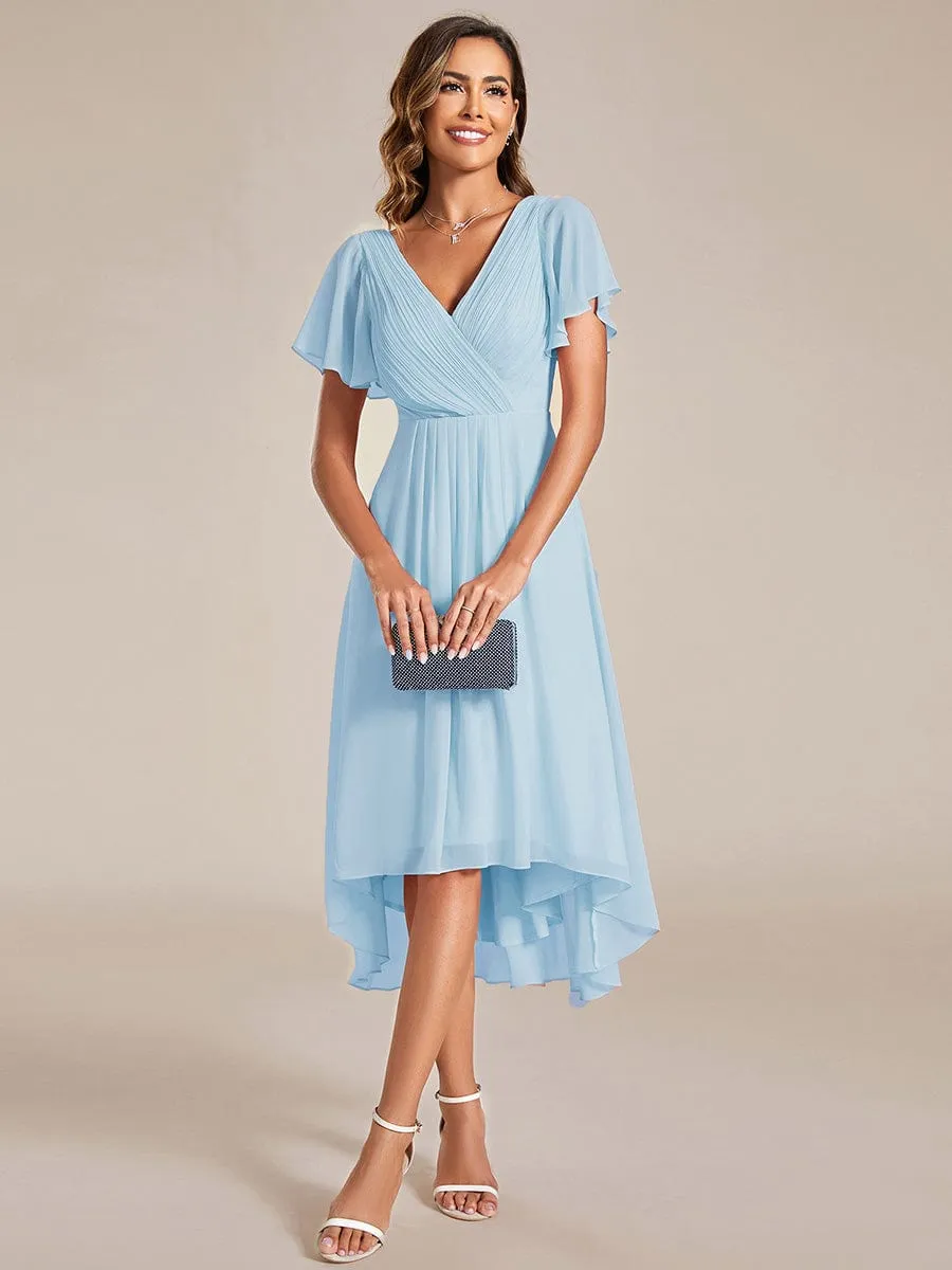 Chic V Neck Asymmetrical Hem Ruffles Sleeve Pleated Chiffon Wedding Guest Dress