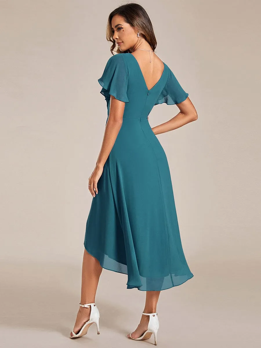 Chic V Neck Asymmetrical Hem Ruffles Sleeve Pleated Chiffon Wedding Guest Dress