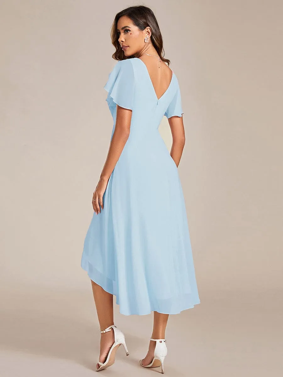 Chic V Neck Asymmetrical Hem Ruffles Sleeve Pleated Chiffon Wedding Guest Dress