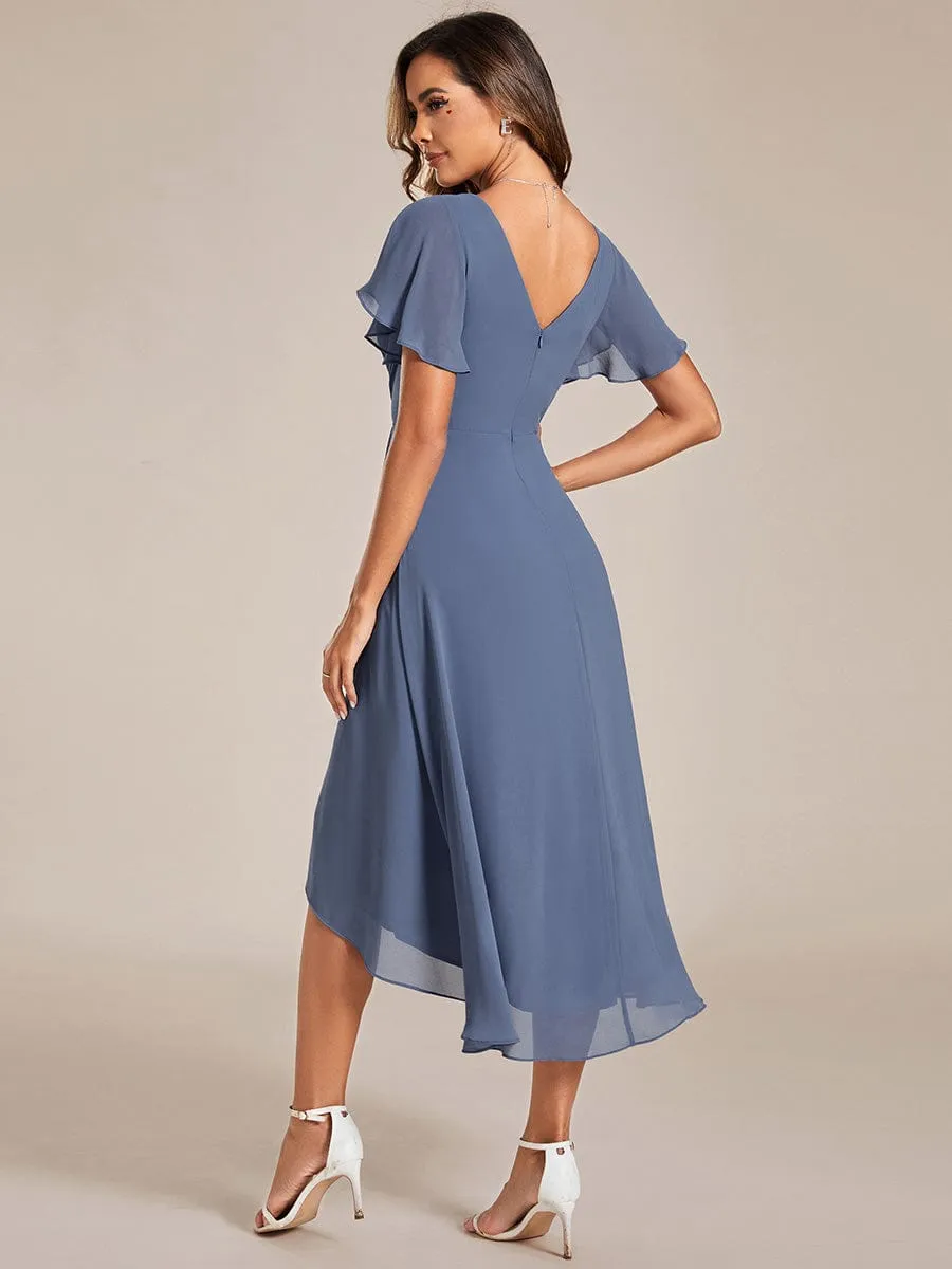 Chic V Neck Asymmetrical Hem Ruffles Sleeve Pleated Chiffon Wedding Guest Dress