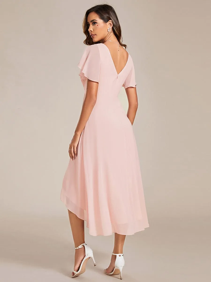 Chic V Neck Asymmetrical Hem Ruffles Sleeve Pleated Chiffon Wedding Guest Dress